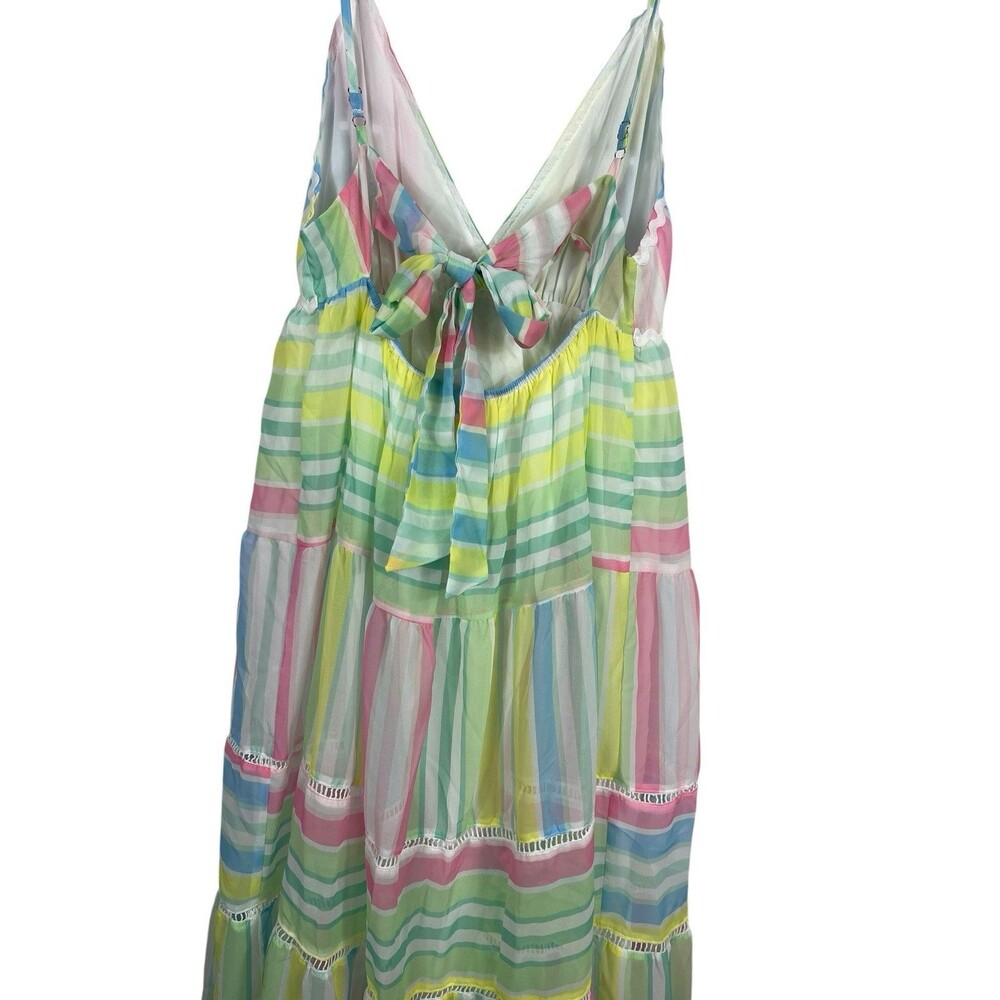 NWT Pastel Stripe Maxi Dress Cottage Coquette Beachy Tiered Tie Back Sundress S - Picture 4 of 15